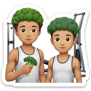 two young boys with broccoli heads in a stringer talking in a gym sticker