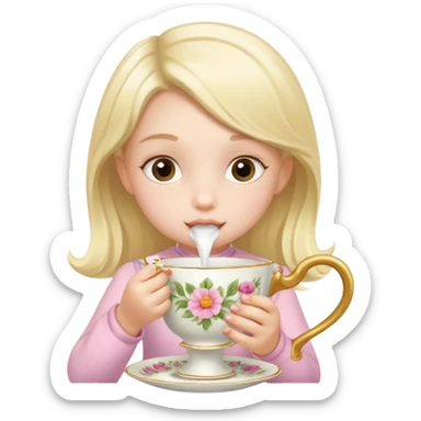 Little girl drinking from a teacup daintily at a tea party sticker