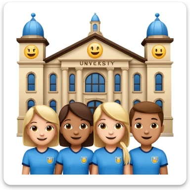 a group of happy university-aged kids, classic university building in the background, emoji style, inspired by 'KIDZ BOP Kids' sticker