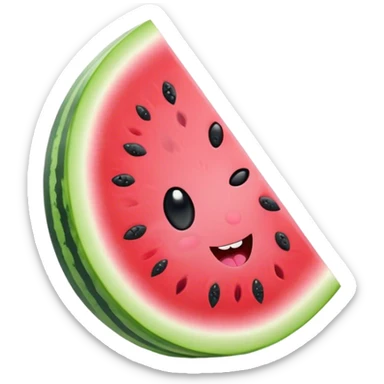 Cute Kawaii Watermelon Slice, juicy and vibrant, soft pastel green rind with pink flesh, tiny black seeds shaped like hearts, an adorable happy face with cute round eyes, bursting with summer energy! sticker