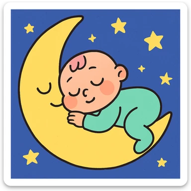 a cartoon baby sleeping on a crescent moon, stars in the background, cute and whimsical sticker
