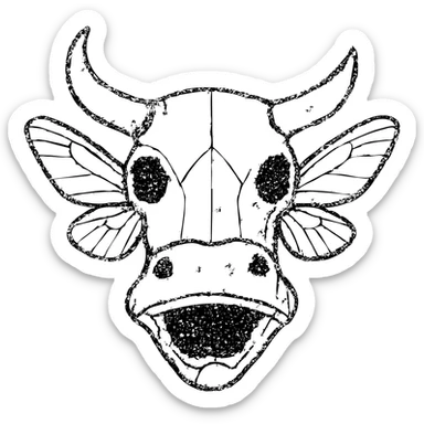a horrifying minimal red line drawing of just a head merging minotaur skull with broken horn, stoat snout, frog mouth, and moth wings extending from the head, hollow transparent center, heavily distressed with incomplete outlines, worn texture, eroded sections, and scratched appearance, only thin red lines sticker