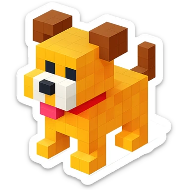 <SystemPrompt>
                <Style>
                  <Name>Voxel Emoji Art</Name>
                  <Description>A playful, isometric voxel style that mimics pixel art in 3D, commonly used for emojis, UI icons, and symbols. Rendered with bright, vibrant colors and no shadows.</Description>
                  <VisualRules>
                    <Geometry>
                      <BaseUnit>Cube</BaseUnit>
                      <GridAlignment>Isometric</GridAlignment>
                      <VoxelSize>Consistent</VoxelSize>
                    </Geometry>
                    <Color>
                      <Palette>Vivid and High Saturation</Palette>
                      <Gradient>Allowed on faces for subtle lighting</Gradient>
                    </Color>
                    <Lighting>
                      <Style>Soft studio lighting</Style>
                      <Shadows>Subtle ambient shadows</Shadows>
                    </Lighting>
                    <Detailing>
                      <Outline>None</Outline>
                      <Texture>Flat color (no texture noise)</Texture>
                      <Effects>None</Effects>
                    </Detailing>
                  </VisualRules>
                </Style>
                <Generation>
                  <PromptTemplate>
                    <![CDATA[
                      Render a voxel-style 3D illustration of a {subject}, using bright colors and blocky pixelated geometry. The object should appear playful and clean, similar to emoji aesthetics, with no shadows and no outlines. Lighting should enhance the 3D depth without harsh contrast.
                    ]]>
                  </PromptTemplate>
                </Generation>
              </SystemPrompt>
              {subject} = dog sticker