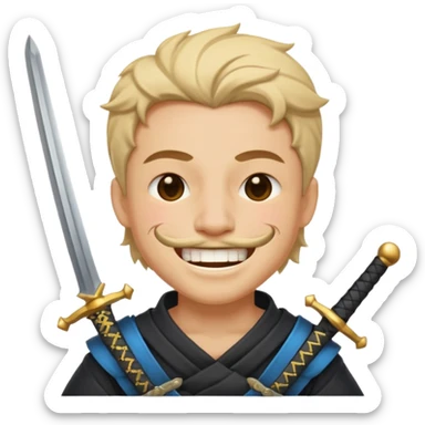 Haz que tenga una sonrisa epica una cicatriz en el ojo serrado y una espada entre los dientes y dos más a cada lado sticker