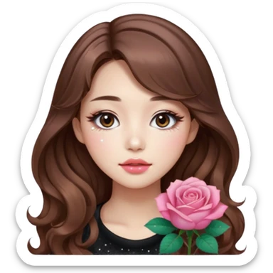 “korean brown hair Emoji girl, soft eyeliner, gradient rose lips, light brown shimmer eyeshadow, sparkly aegyo-sal, long wavy hair,  sticker