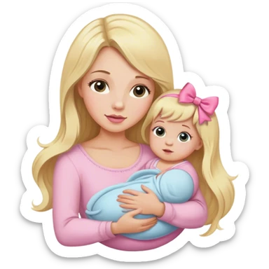 Blonde long hair mom with newborn baby girl with pink bow sticker