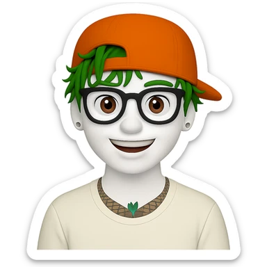 Change the hair to bright green and the skin to white. Keep the orange cap, glasses, and tattoos. Maintain the same style as the reference image. Transparent background. sticker