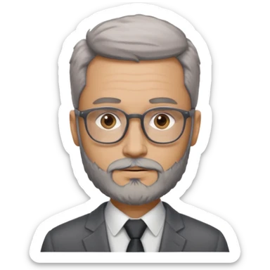 Create a figure that reflects an experienced entrepenurr but who has professional and elegant clothing, without hair, grey glasses, brown eyes and an unkempt beard  sticker