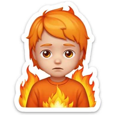 apple style emoji of a small child looking sad with fire in the background sticker