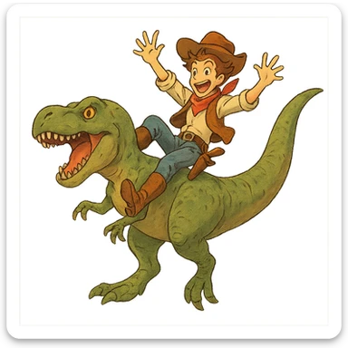 energetic and whimsical cowboy sliding down a t-rex sticker