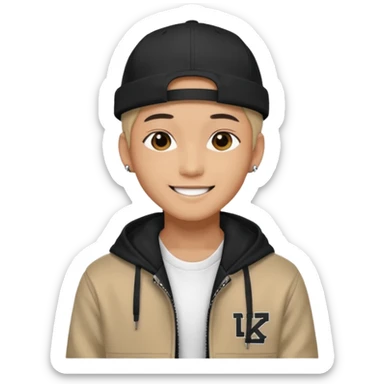 Portrait of a male K-pop idol, wearing a stylish streetwear outfit with layered clothing, makeup, wearing a black cap, happy sticker