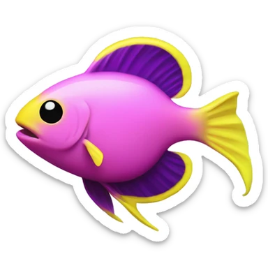 tiny fish with purpleish pink front face and half front of body, neon yellow back half and black dot on top fin sticker