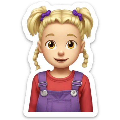 A little blonde girl with pigtails and little purple bows wearing a red long sleeved shirt and purple overalls, rugrats sticker