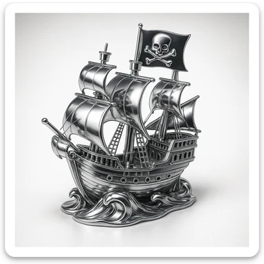 chrome style illustration of a pirate ship sailing at night with a flag displaying a stylized chrome skull and crossed bones emblem, shiny metallic chrome details on ship and flag sticker