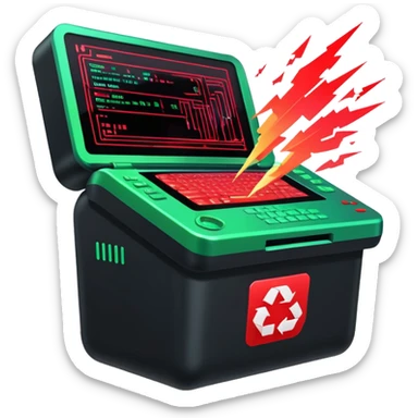 A sleek digital terminal with a holographic interface showing files being uploaded, data packets represented as trash icons, the screen glitching and exploding with red error symbols, tech dystopia vibes, neon greens and reds, circuit patterns in background --v 5 --ar 3:2 --style sci-fi --chaos 30 sticker