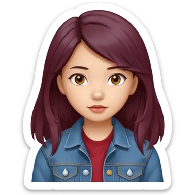 asian girl, long dark burgundy brown hair, hazel brown eyes, half lidded eyes, wolfcut hairstyle sticker