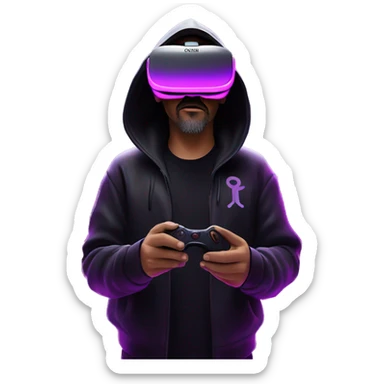 Big Lebowski wearing a black hoodie with "OMG" letters on it and VR headset oculus quest 2 in a cyberpunk VR environment with violet neon lighting. sticker