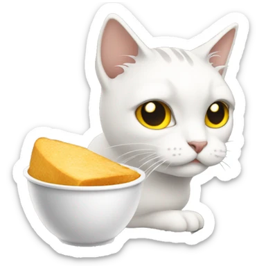 Gato blanco con gris y ojos amarillos comiendo pollo sticker