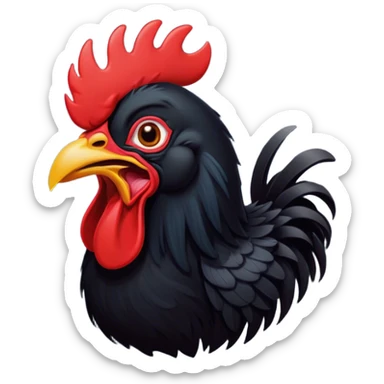 Cinematic Cute Yawning Black Rooster Portrait Emoji, Head tilted slightly with a dramatic, wide-open yawn, showcasing a soft, downy black plumage with a crisp red comb and drooping wings, round eyes barely open in drowsy contentment, Simplified yet irresistibly adorable features, highly detailed, glowing with a soft, cozy glow, high shine, relaxed yet expressive, stylized with a touch of whimsy, bright and endearing, soft glowing outline, capturing the essence of a sleepy yet affectionate rooster, so drowsy it feels like it could stretch out of the screen and curl up for a nap! sticker