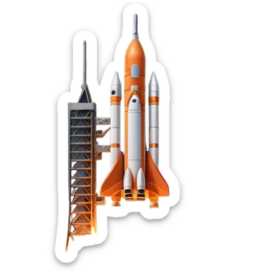 Cinematic shot of a heavy rocket lifting off from a launchpad, massive pillars of fire and smoke, dramatic lighting sticker