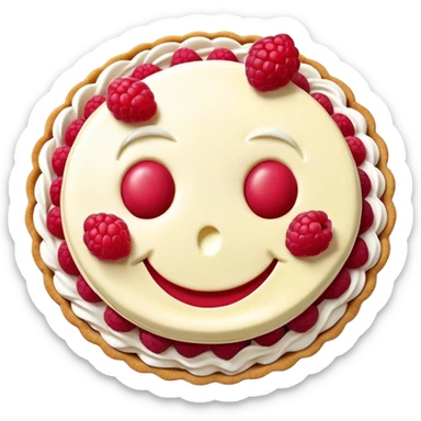 Raspberry cream pie with fresh raspberries on top in the shape of a smiley face sticker