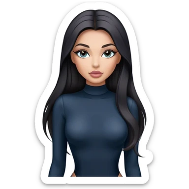 Glamours, tanned, very beautiful girl, with big pump peach-beige-rose lips, long long lashes, black straight smooth silky long hair, straight parting hair, blue-grey eyes in black long-sleeves bodysuit sticker