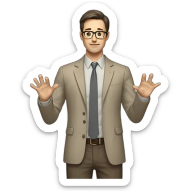 Full height Actively gesturing with hands Pale skinned fit man with dark brown hair in gray jacket, beige office shirt, brown tie, brown pants and vintage glasses. sticker