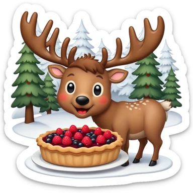 A cheerful reindeer with a fluffy coat and big antlers, happily munching on a slice of berry pie, surrounded by a snowy forest background, in a cute and simple emoji style. sticker