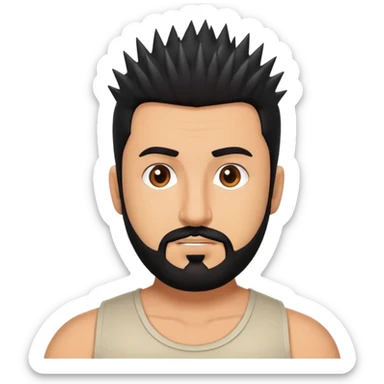 A man with a spiky haircut and black hair. A black beard like a zohan. Brown eyes, a slightly chubby build. sticker