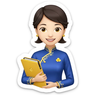 Teacher emoji but : european volume dark brown hair, light skin, no glasses, dark eyes, with a computer folder in the hand (color is yellow), being a teacher, wearing a chinese qipao ( dark blue), smile with teeth





 sticker