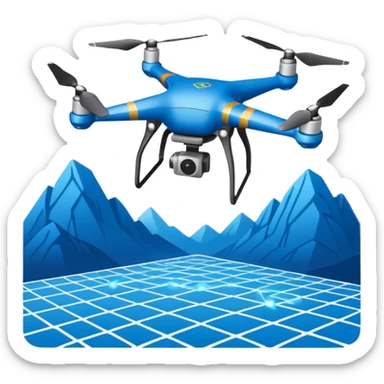 Mapping drone sticker, quadcopter scanning land with laser grid effect, modern tech style, blue color theme, flat vector illustration, white outline, transparent background sticker