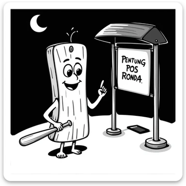 a humanoid wooden club with big cartoon eyes and a wide smile, barefoot, standing at a dark street bus stop under a dim streetlight, holding a bat, with a background sign reading 'Pentung Pos Ronda' sticker