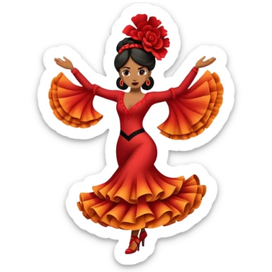 Cinematic Realistic Flamenco Dance Emoji, depicted as a passionate expressive flamenco performance with dramatic costumes and dynamic fiery movements, rendered with vibrant textures and bold energetic lighting that captures its intense rhythm. sticker