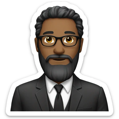 Man, white skin, short black hair, long beard, round glasses, suit sticker