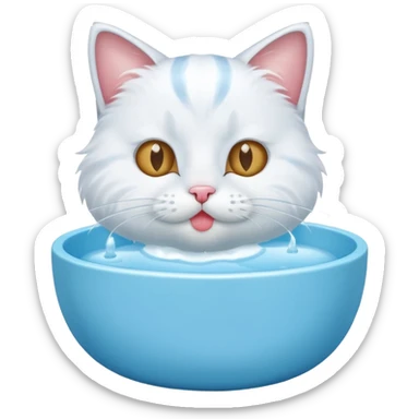 A water bowl and a cat licking sticker