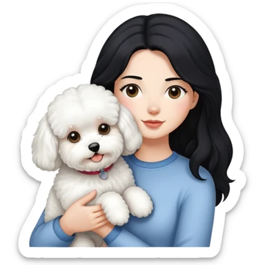 woman with long black hair holding white fluffy Bichon Frise dog sticker