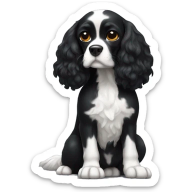 Small completely black king spaniel with white on chest sticker