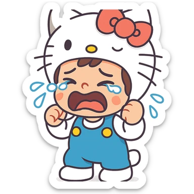 a crying boy in a Hello Kitty costume, detailed, expressive, cute, vibrant toon style, pastel colors sticker