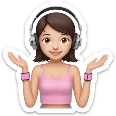 aesthetic brunette girl in light pink tube top shirt with headphones on sticker