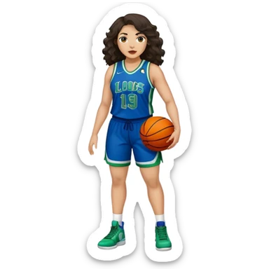 full body plus size light skin latino women basketball player with wavy dark hair large widenose wearing blue and green uniform sticker