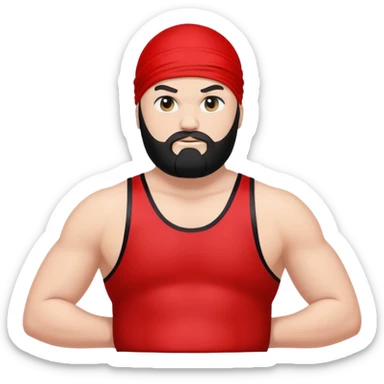 White skin fat guy with black durag, black beard, and black eyes in a red and black wrestling singlet sticker