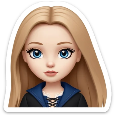 pretty bratz girl, long straight light brown hair, dark blue eyes, black eyeliner, pale skin, dark feminine clothes with laces sticker