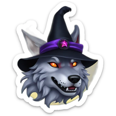 demonic wolf with a pentagram top hat and a pentagram chain with a haunting night background sticker