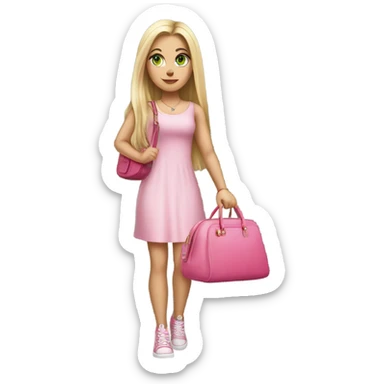 Realistic White girl with Long straight blonde hair, green eyes, tattoos, full body wearing pink dress, holding pink handbag sticker