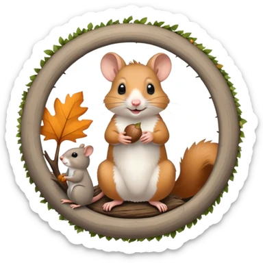 Icon for Rodents: A vibrant collage featuring a playful hamster in a wheel, a fluffy gray mouse with large ears, and a cheeky squirrel holding an acorn. Background with scattered seeds and tree branches. Transparent background. sticker
