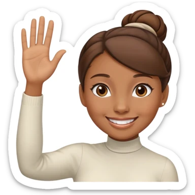 Light brown skin girl, brown hair in bun, smiling, waving goodbye sticker