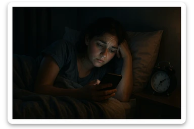 Girl lying in bed, wanting to sleep but not wanting to, staying up late playing with her phone sticker