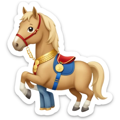 friendly anthropomorphised horse in jeans and a t-shirt, wearing a gold medal sticker