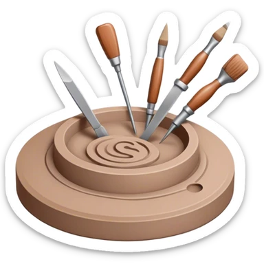 Icon for sculpting, with sculpting tools, sculpture in progress on a textured surface, minimalistic style, clean lines, transparent background. sticker