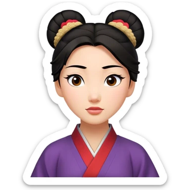 Cinematic Realistic Timeless Mulan Portrait, featuring a serene and confident Mulan with intricately detailed, natural light skin and precisely styled dark hair in a traditional bun. Her expression is calm and assured, and her simple, traditional robe is rendered with realistic textures and delicate, natural folds that catch the light beautifully. The portrait is illuminated by soft, ambient light that creates a natural, radiant finish and subtle glowing outline, perfectly capturing her enduring beauty and quiet strength in a timeless, realistic manner. sticker